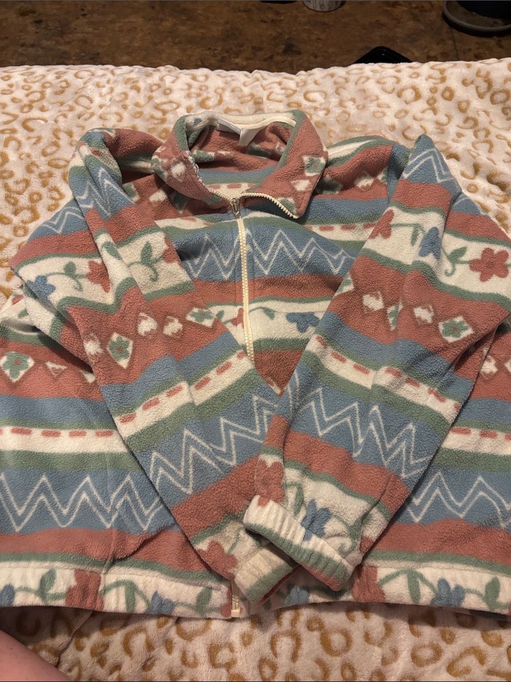 Alfred Dunner Multicolor Striped Floral Zip-Up Fleece Sweater